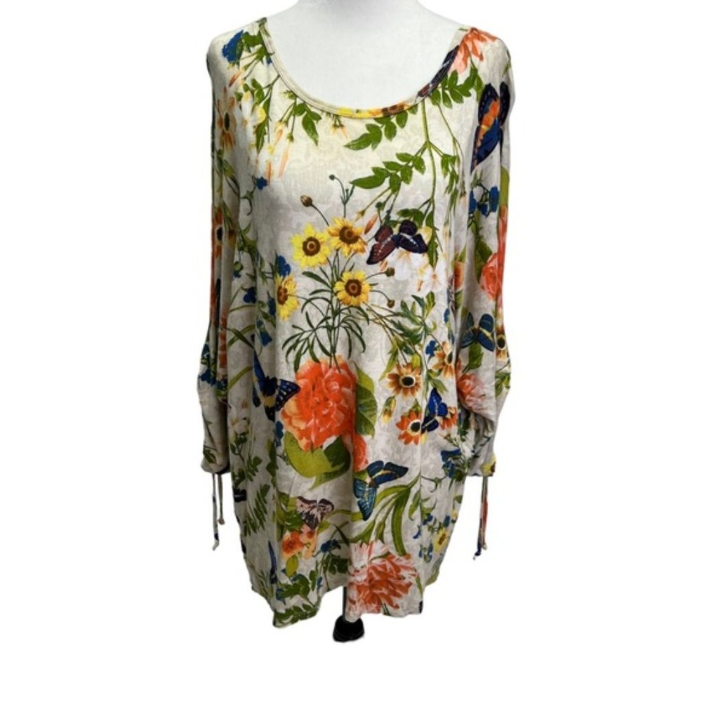 Cable & Guage Beige Floral Scoop Neck 3 4 Sleeve Top Size L